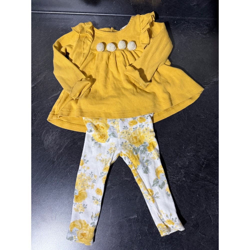 Laura Ashley Baby Girl 2PC Mustard Yellow Peplum Top Floral Leggings Set 6-9M